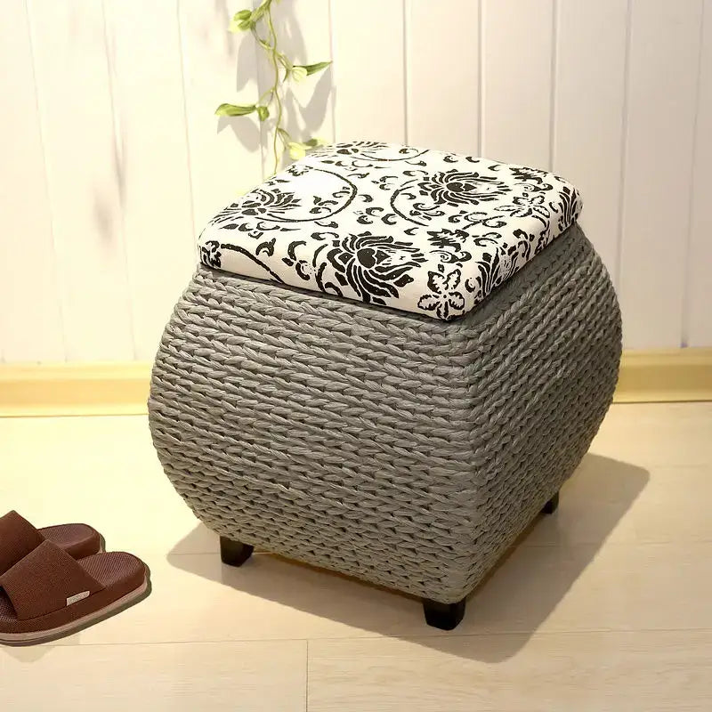 Beige Woven Rattan Stool