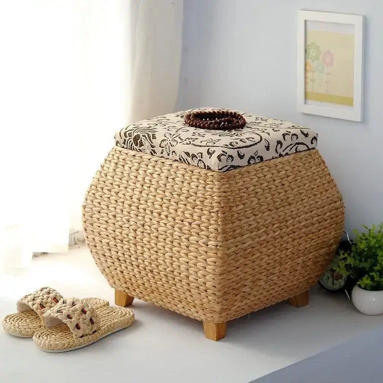 Beige Woven Rattan Stool