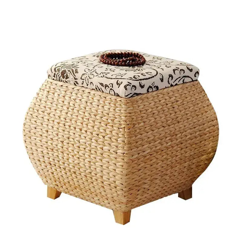 Beige Woven Rattan Stool