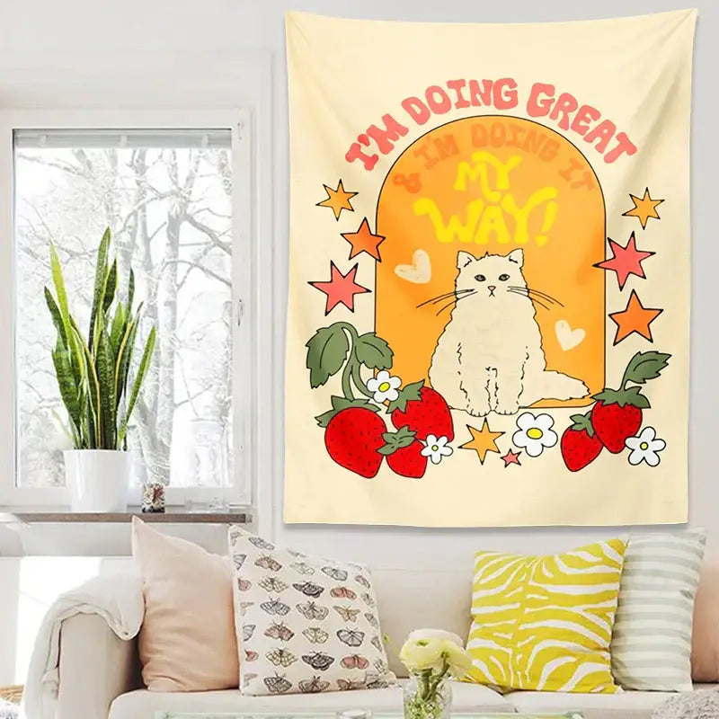 Cream Cat Strawberry Tapestry