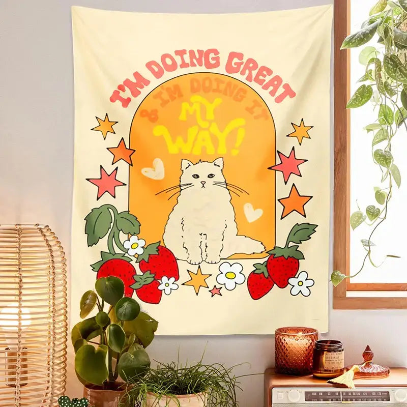 Cream Cat Strawberry Tapestry