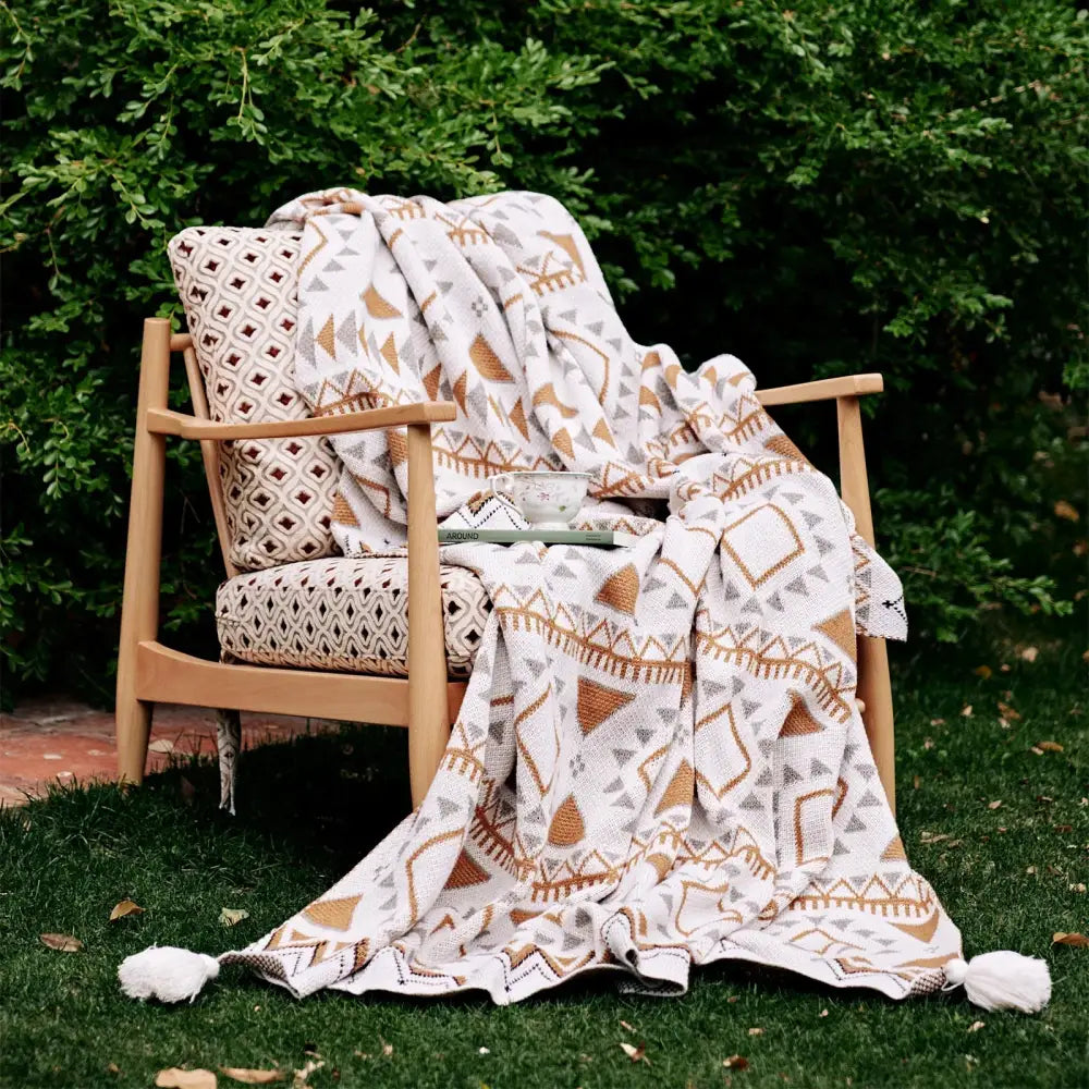 Cream Geometric Throw Blanket with Boho Tassels