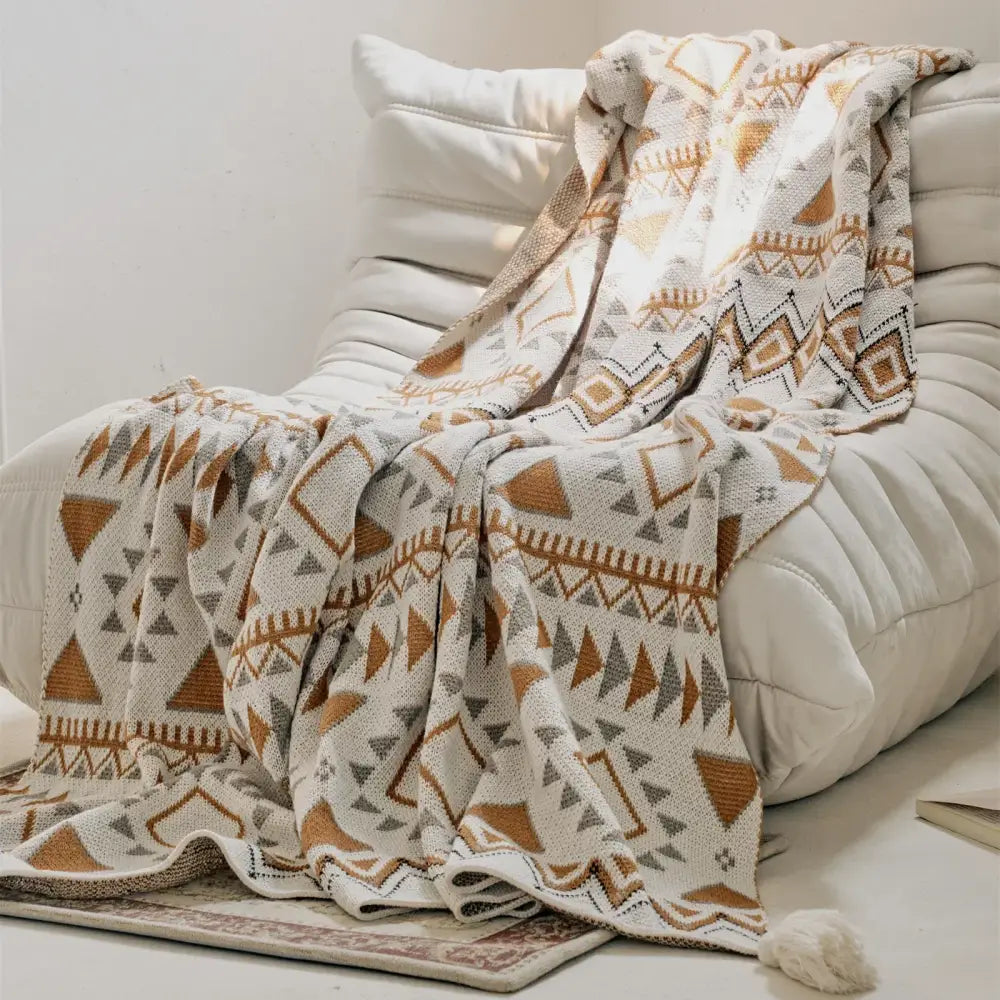 Cream Geometric Throw Blanket with Boho Tassels