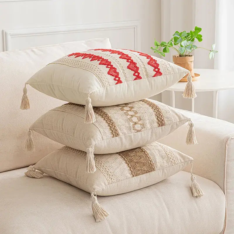Cream Red Tassel Pillow