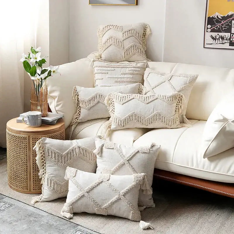 Beige Nordic Tassel Pillow Case