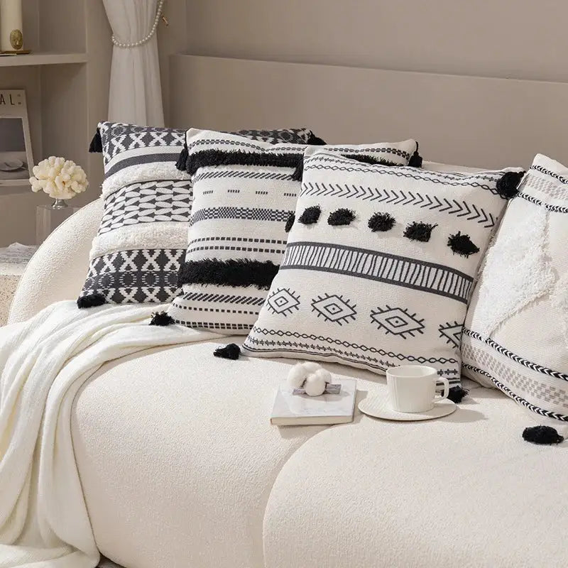 Black White Fringed Pillowcase