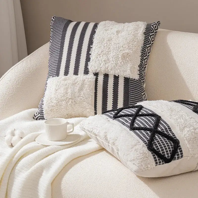 Black White Fringed Pillowcase