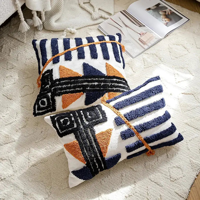Navy Orange Tufted Pillow