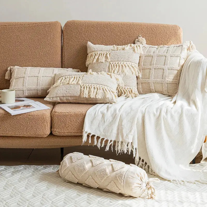 Woven Cushion Cover Cream Boho Living Room Pillow