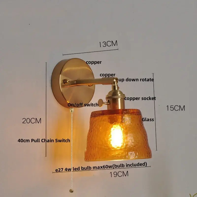 Brass Glass Pull-Chain Bedroom Sconce