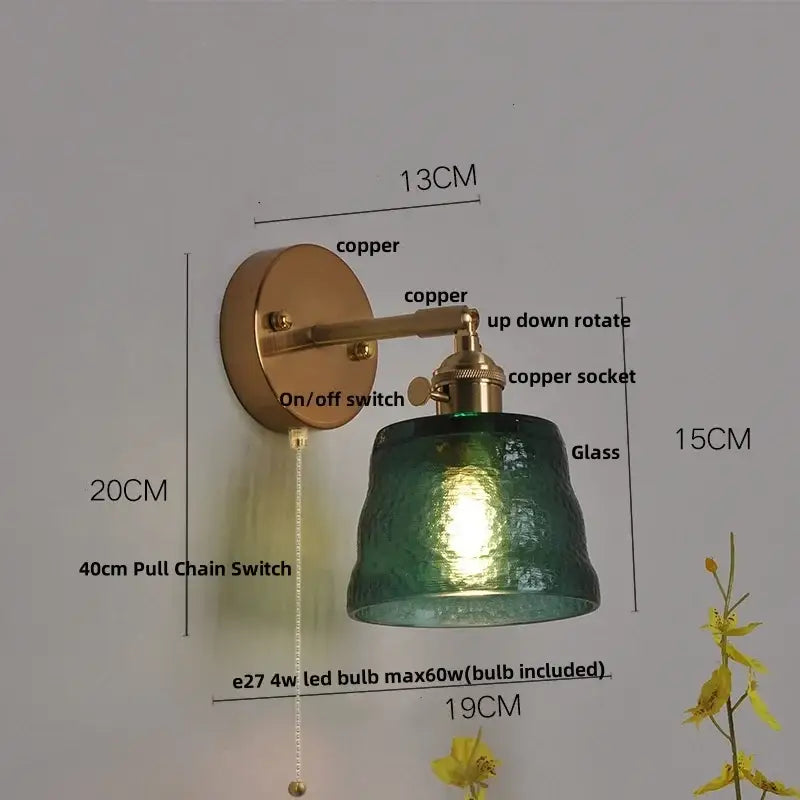 Brass Glass Pull-Chain Bedroom Sconce