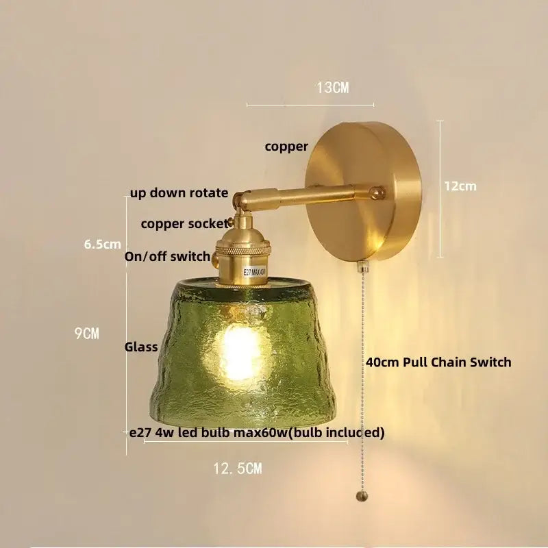 Brass Glass Pull-Chain Bedroom Sconce