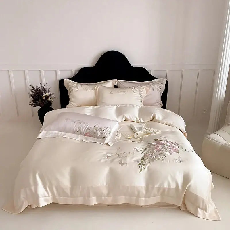 Cream Satin Floral Bedding 800 Thread Count