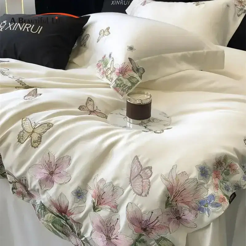 Cream Satin Floral Duvet