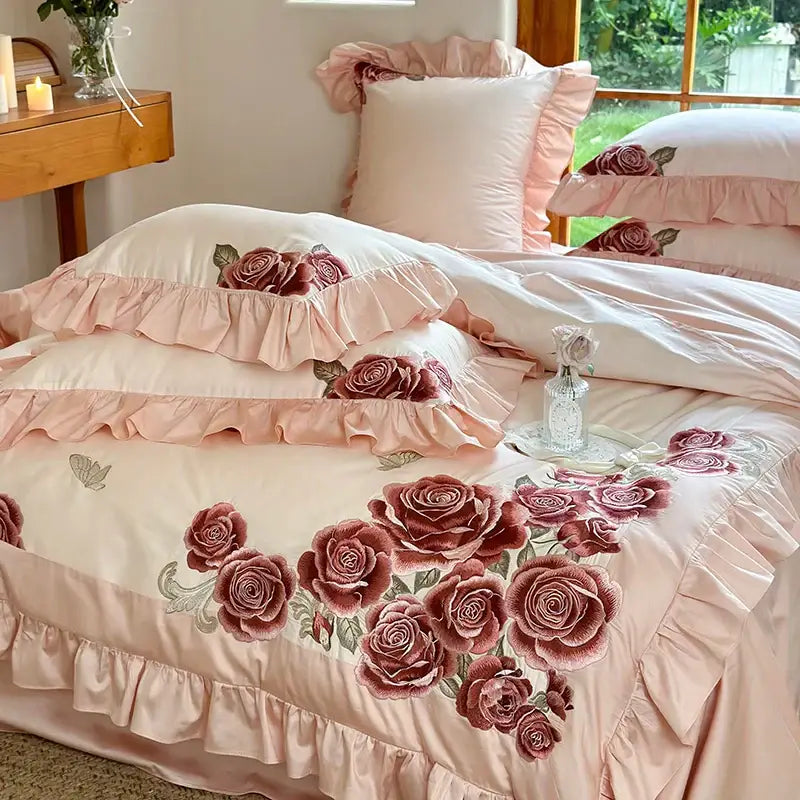Pink Satin Ruffle Bedding