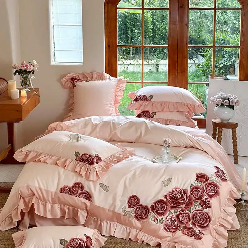 Pink Satin Ruffle Bedding