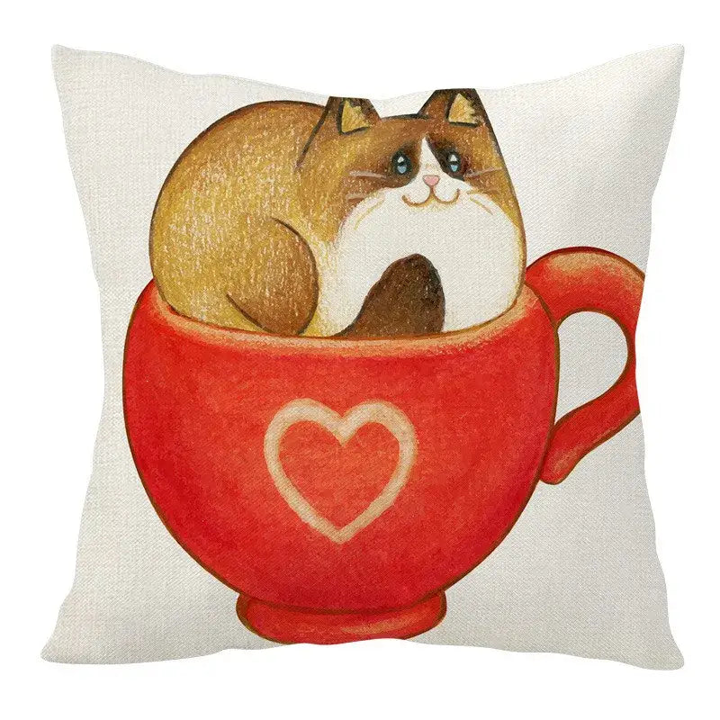 Linen Cat Teacup Pillowcase