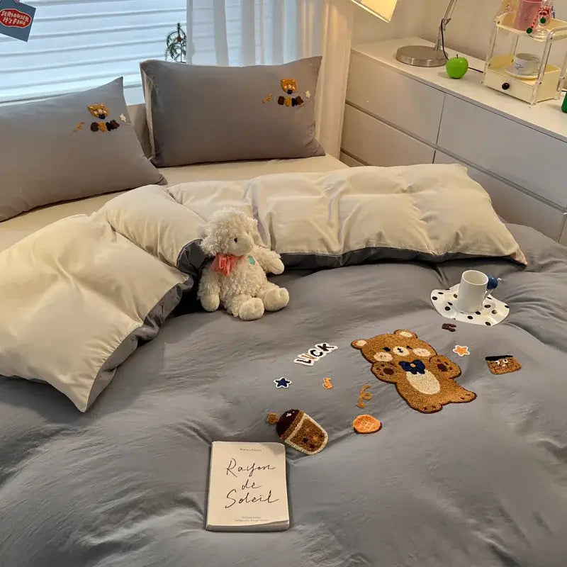 Cream Embroidered Bedding Set with Cartoon Pattern