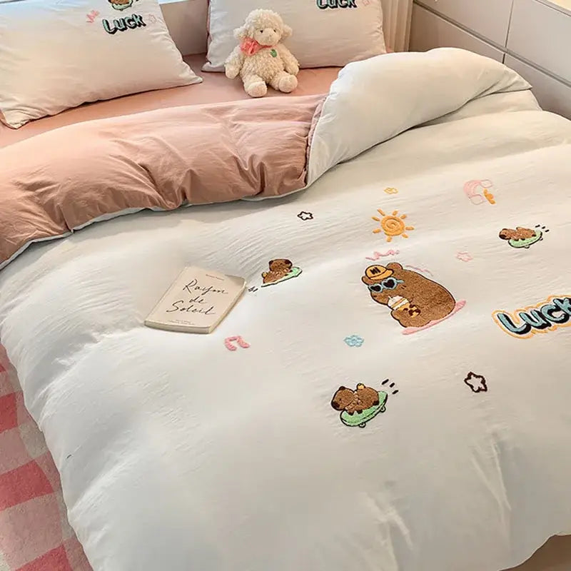 Cream Embroidered Bedding Set with Cartoon Pattern