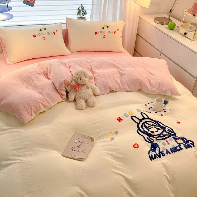Cream Embroidered Bedding Set with Cartoon Pattern