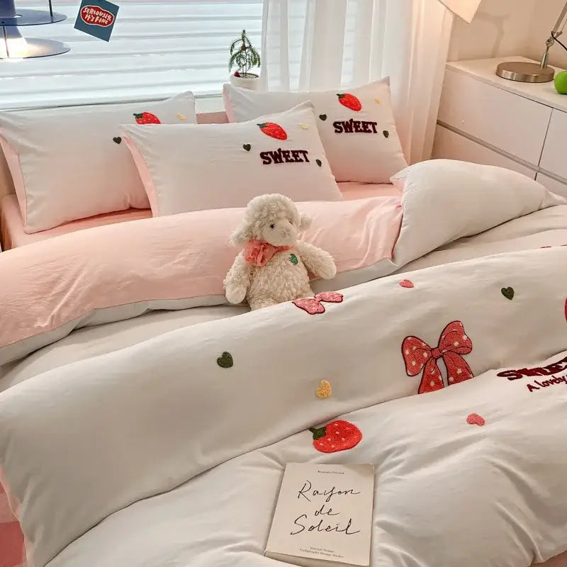 Cream Embroidered Bedding Set with Cartoon Pattern