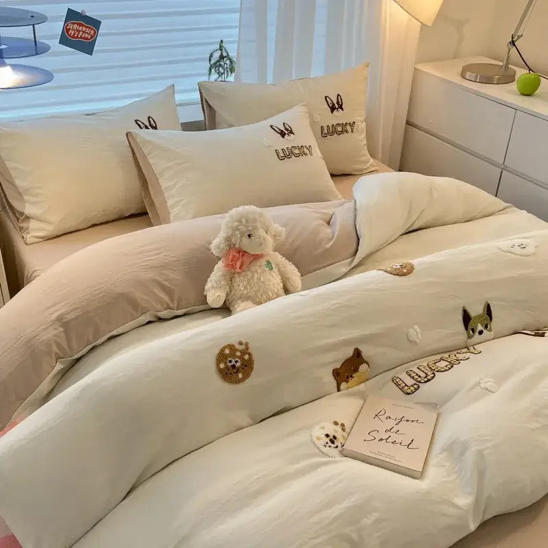 Cream Embroidered Bedding Set with Cartoon Pattern
