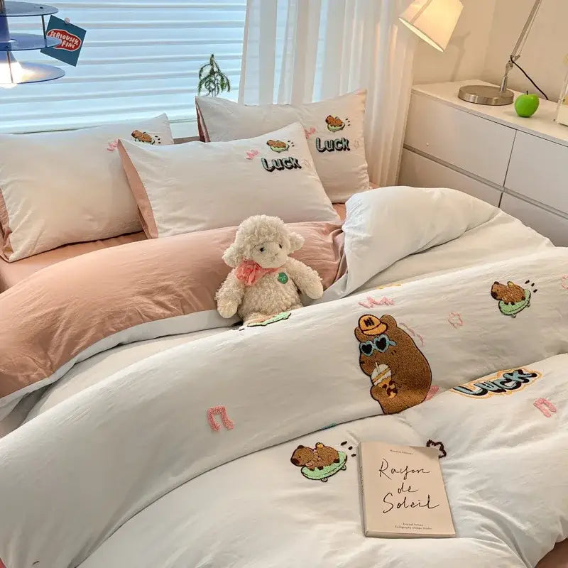 Cream Embroidered Bedding Set with Cartoon Pattern