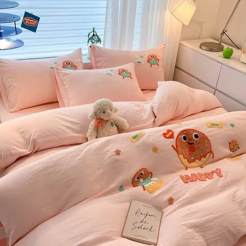 Cream Embroidered Bedding Set with Cartoon Pattern