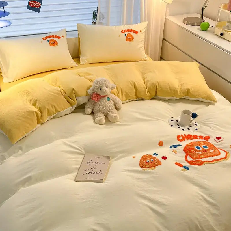 Cream Embroidered Bedding Set with Cartoon Pattern