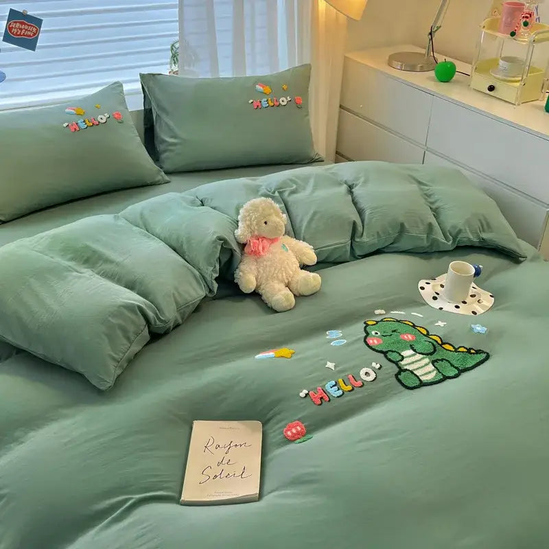 Cream Embroidered Bedding Set with Cartoon Pattern