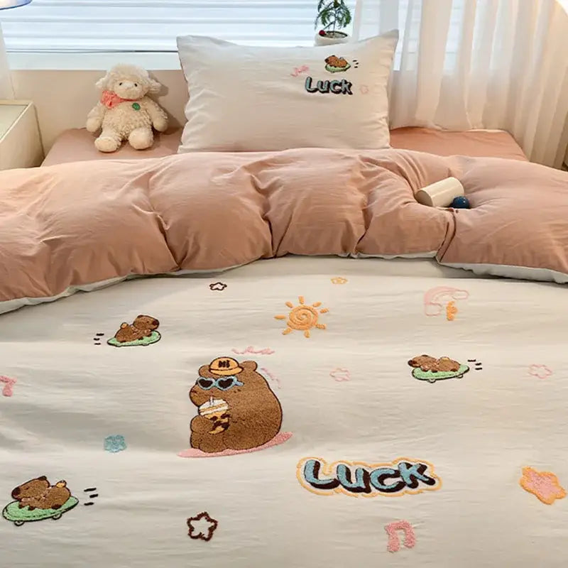 Cream Embroidered Bedding Set with Cartoon Pattern