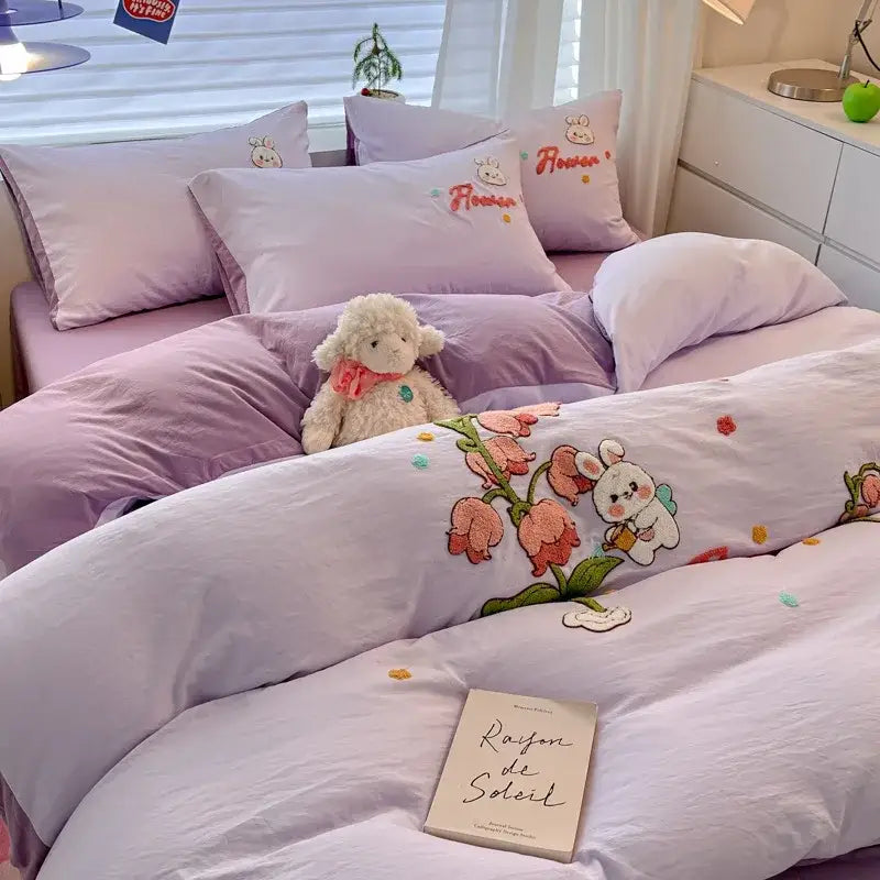 Cream Embroidered Bedding Set with Cartoon Pattern