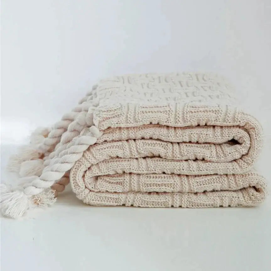 Cream Knit Plaid Throw