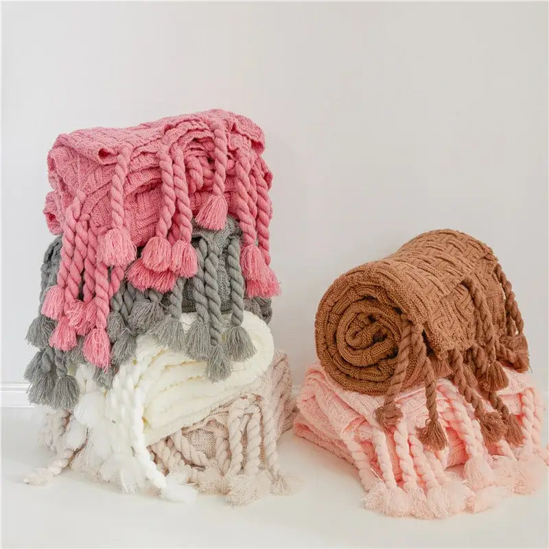 Cream Knit Plaid Throw