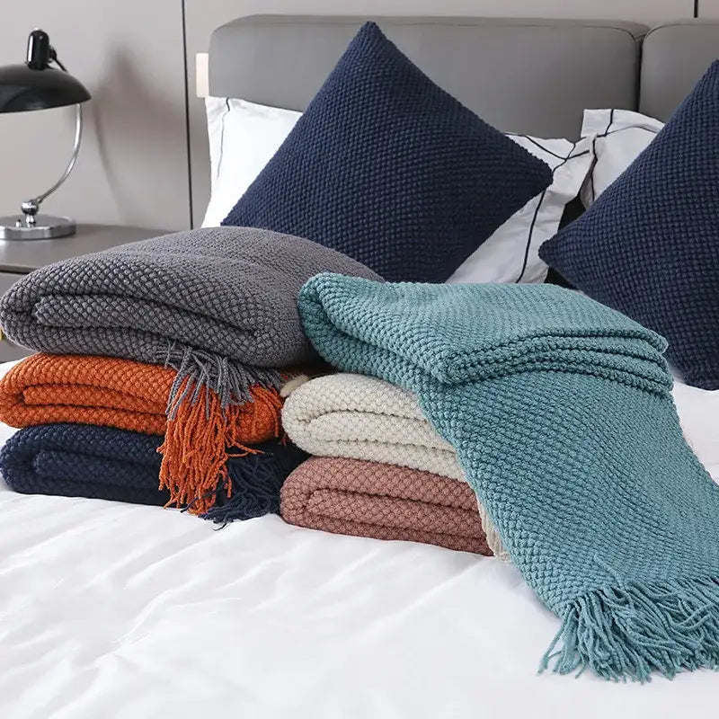 Gray Knitted Tassel Throw