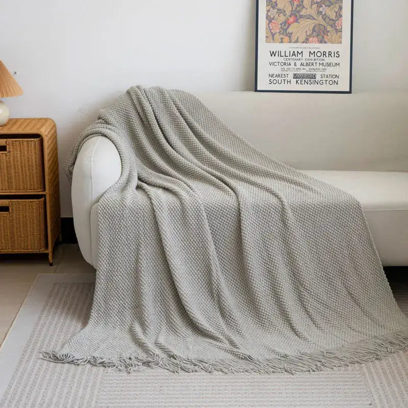 Gray Knitted Tassel Throw
