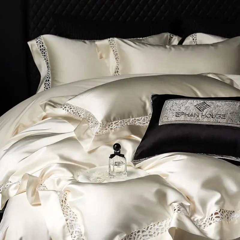 Cream Black Egyptian Cotton Bedding with Lace Trim