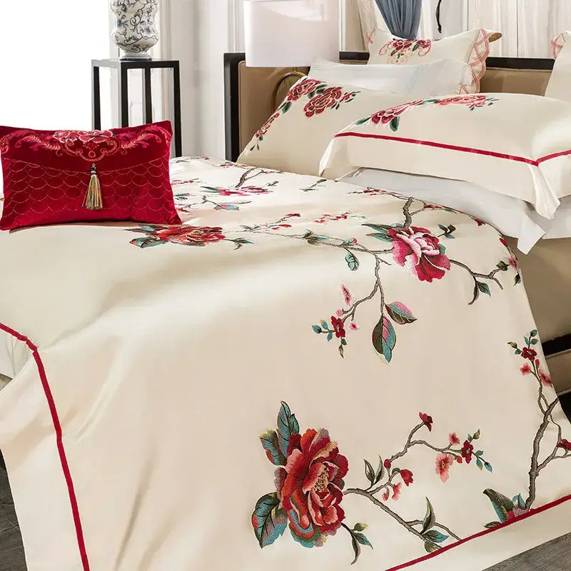 Cream Embroidered Cotton Bedding