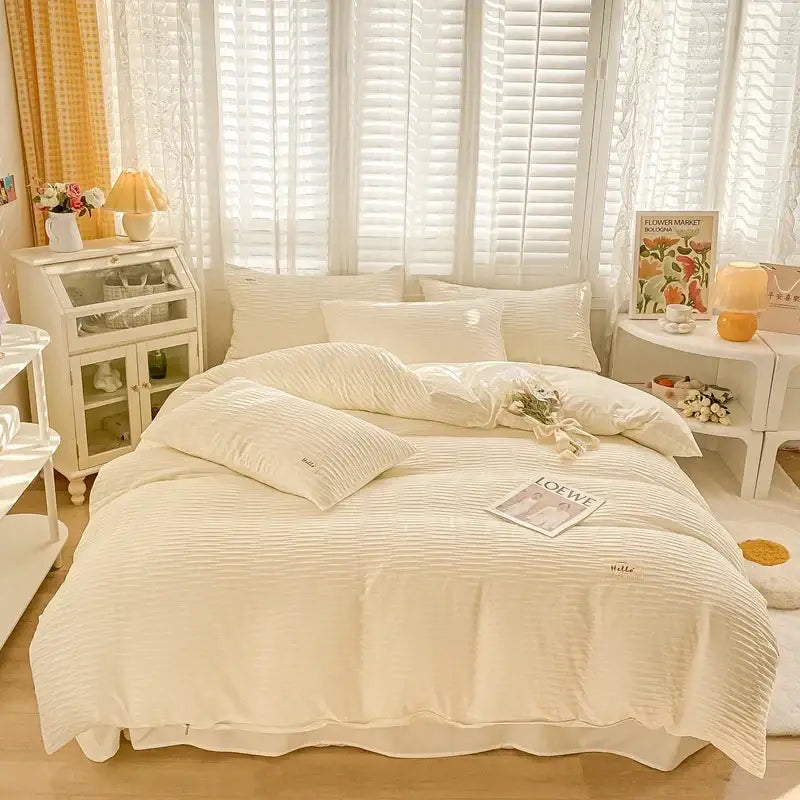 Cream Ribbed Bubble Yarn Duvet Cover Set