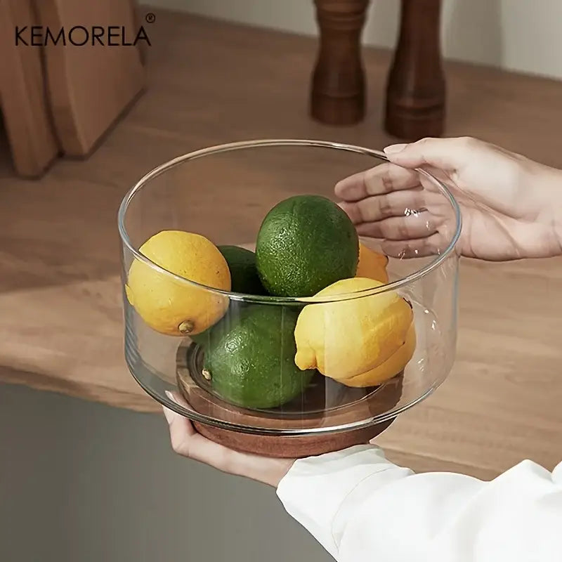 Glass Wood Base Fruit Bowl