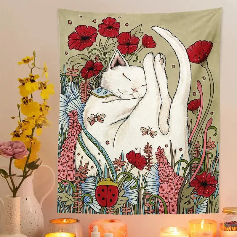 Polyester Cat Flower Tapestry