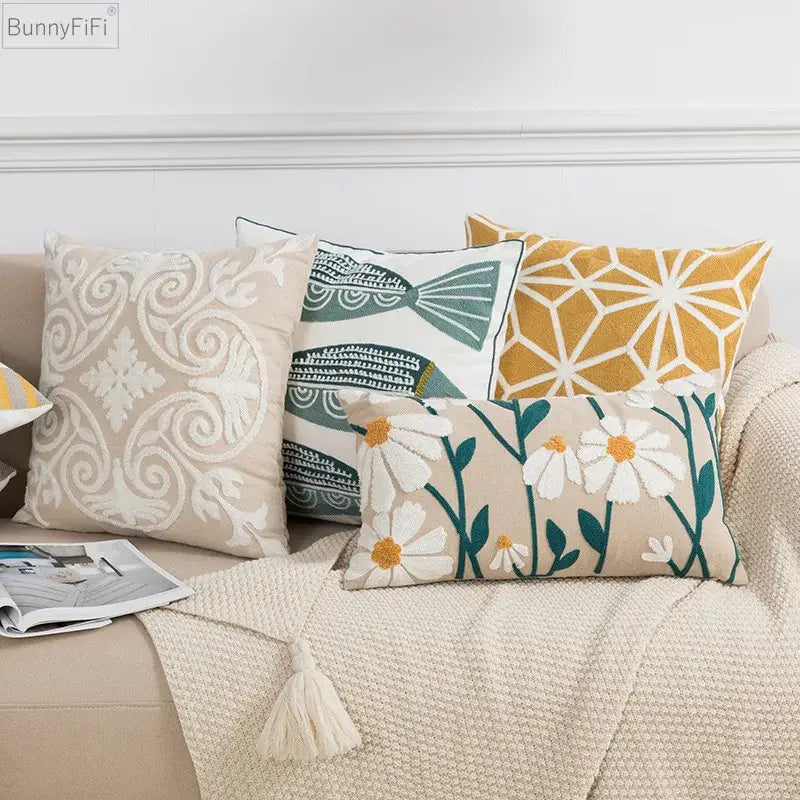 Beige Velvet Floral Pillow Cover