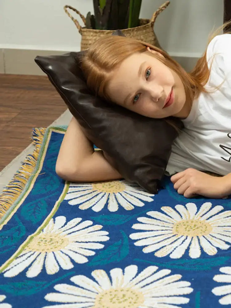Navy Flower Knitted Blanket