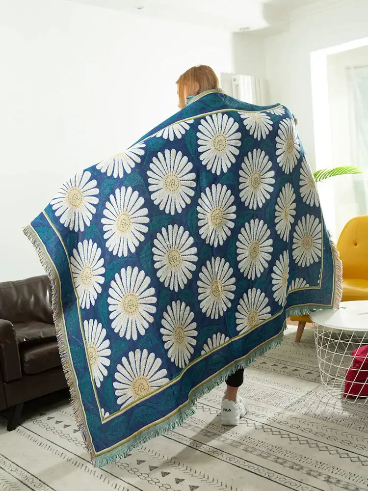 Navy Flower Knitted Blanket