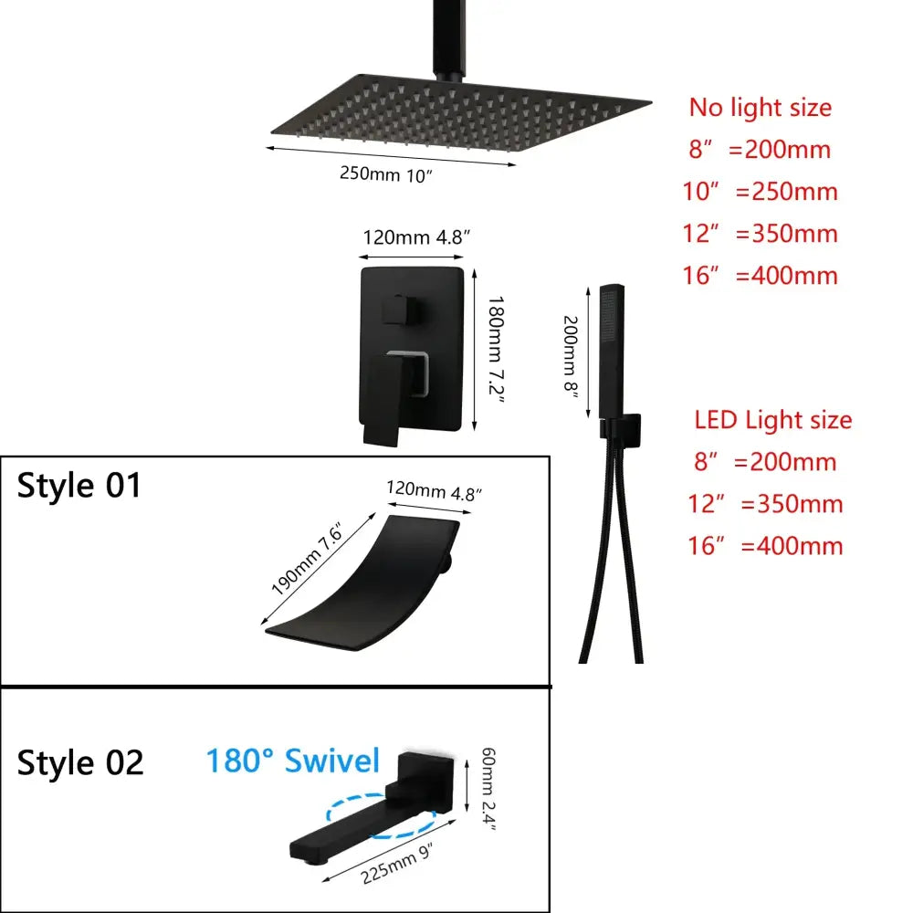 Matte Black LED Rainfall Shower 16-Inch