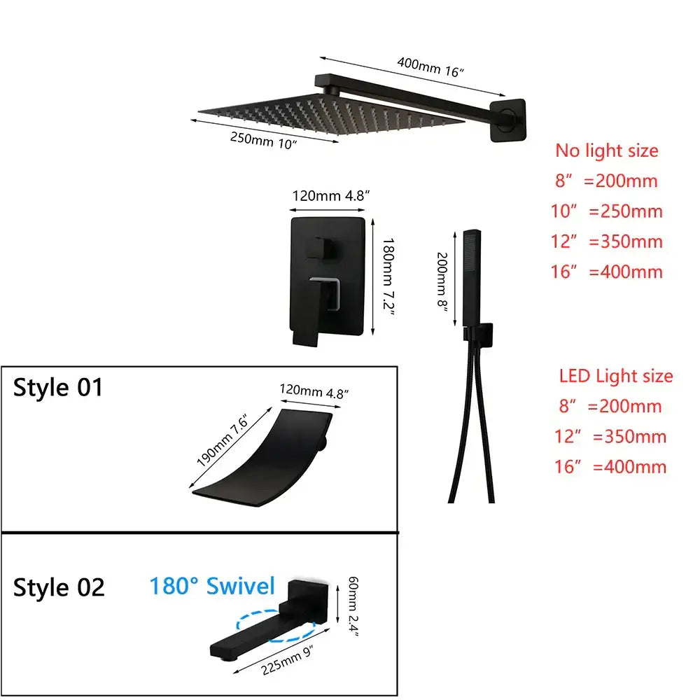 Matte Black LED Rainfall Shower 16-Inch