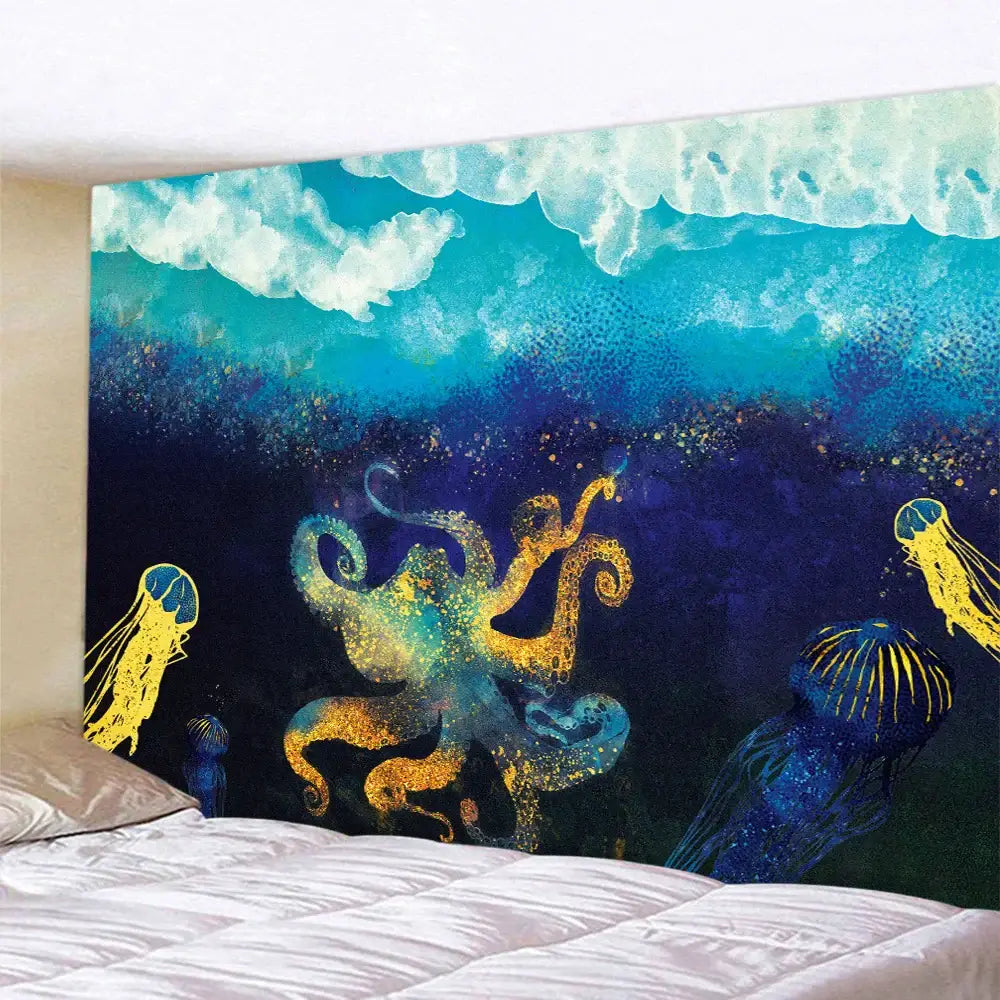 Turquoise Gold Whale Tapestry