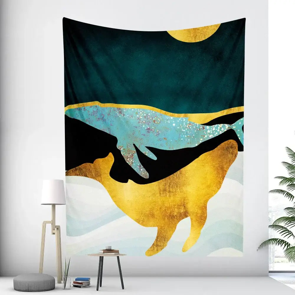 Turquoise Gold Whale Tapestry