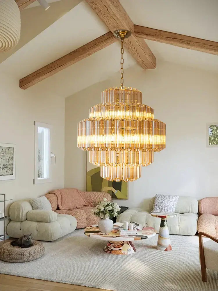 Amber Glass Tiered Chandelier 100cm Gold
