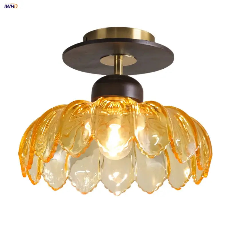 Amber Glass Petal Ceiling Lamp Brass